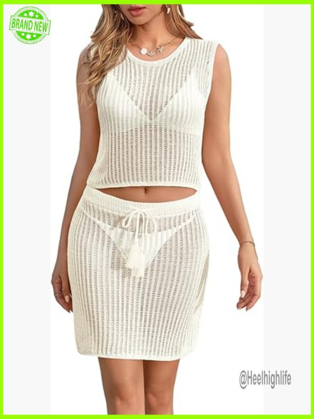 Crochet 2-Piece Set Sleeveless Crop Top Mini Skirt Beach Cover Up